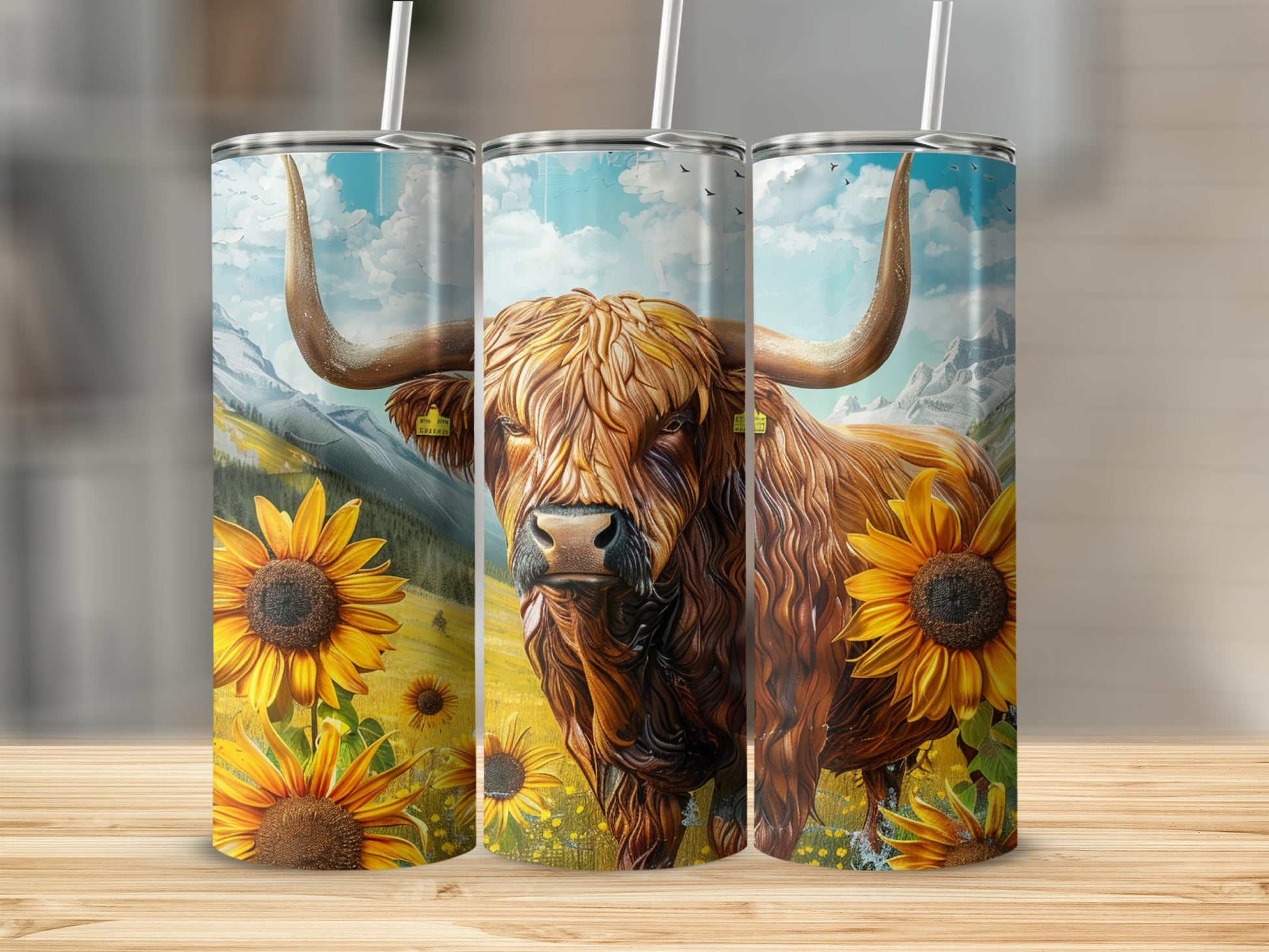 Highland cow with sunflowers in a mountain landscape.