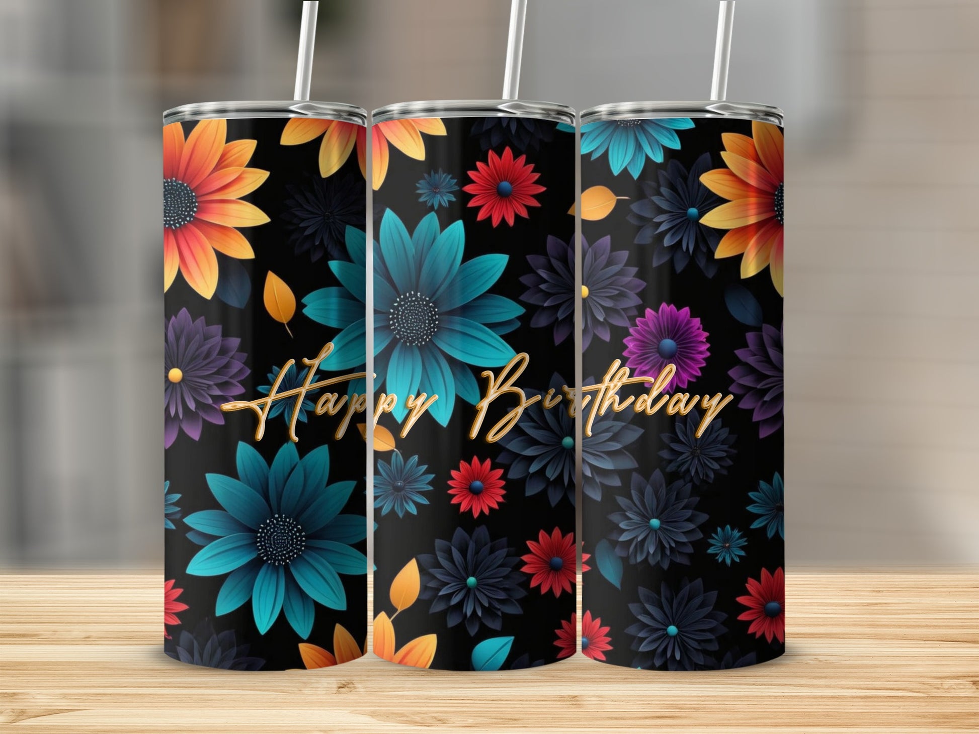 Three tumblers with colorful floral patterns and "Happy Birthday" text.
