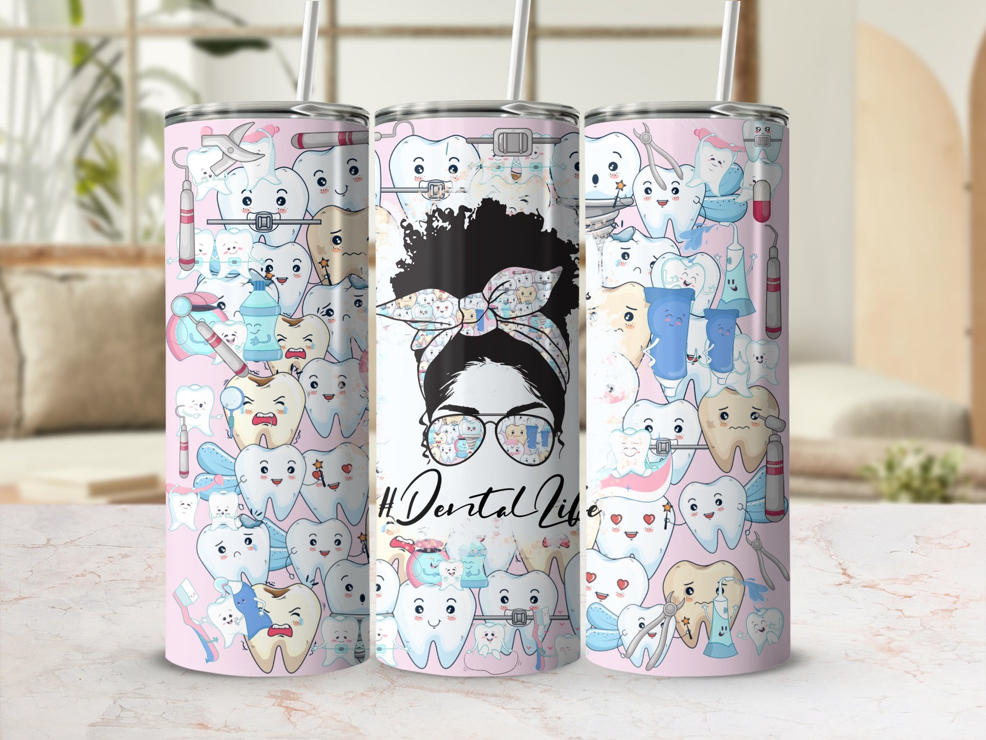 Three tall tumblers with cartoon teeth, dental tools, and "#Dental Life" text.