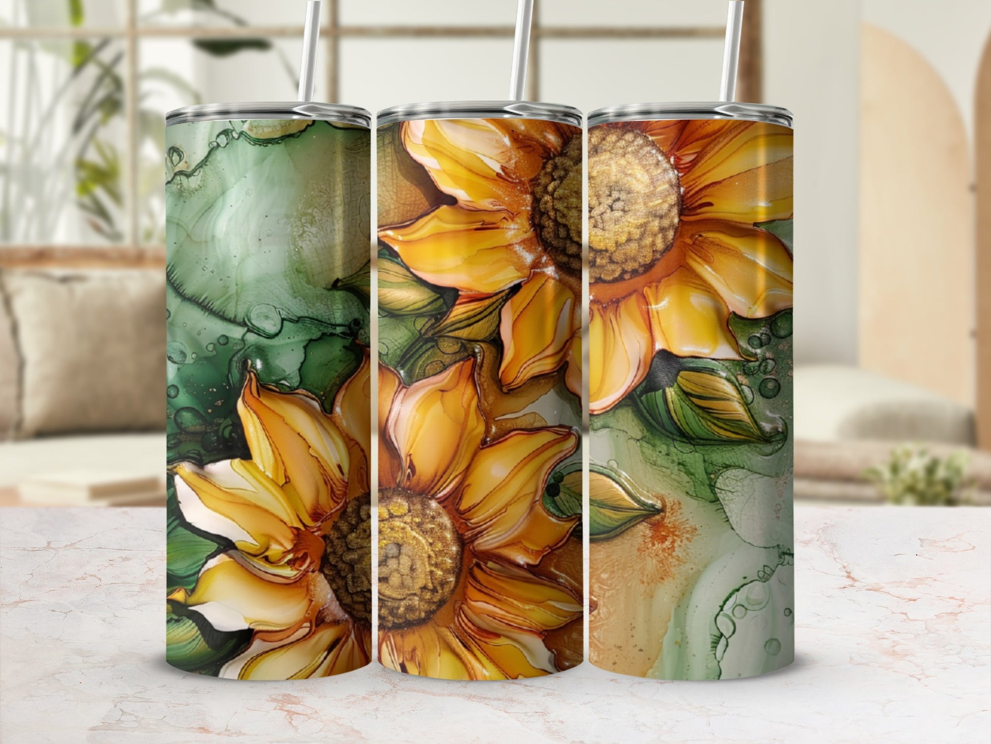 Three tumblers with sunflower and green ink splatter design.