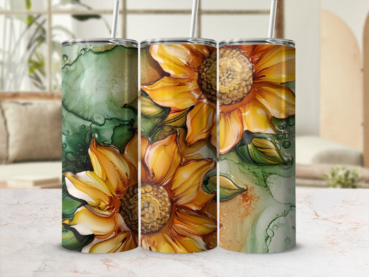 Three tumblers with sunflower and green ink splatter design.
