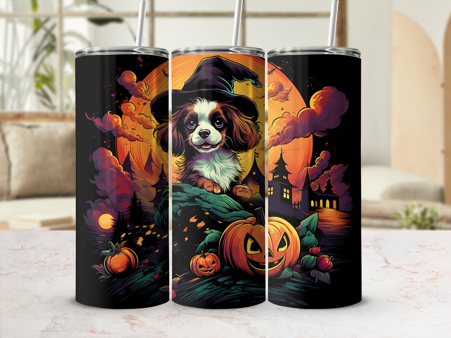 Halloween dog in a witch hat with pumpkins and spooky castle on a full moon night.
