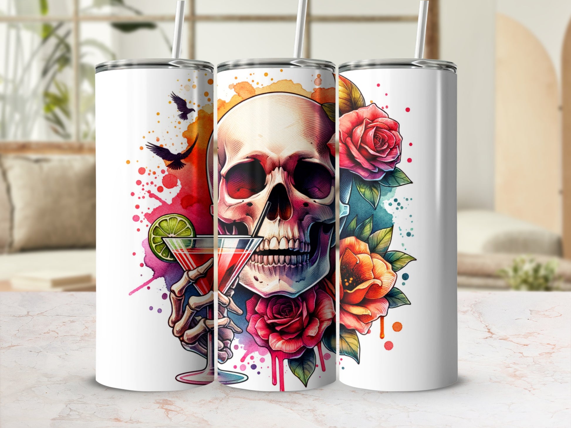 Skull with martini glass surrounded by roses and watercolor splashes.