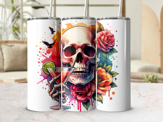 Skull with martini glass surrounded by roses and watercolor splashes.