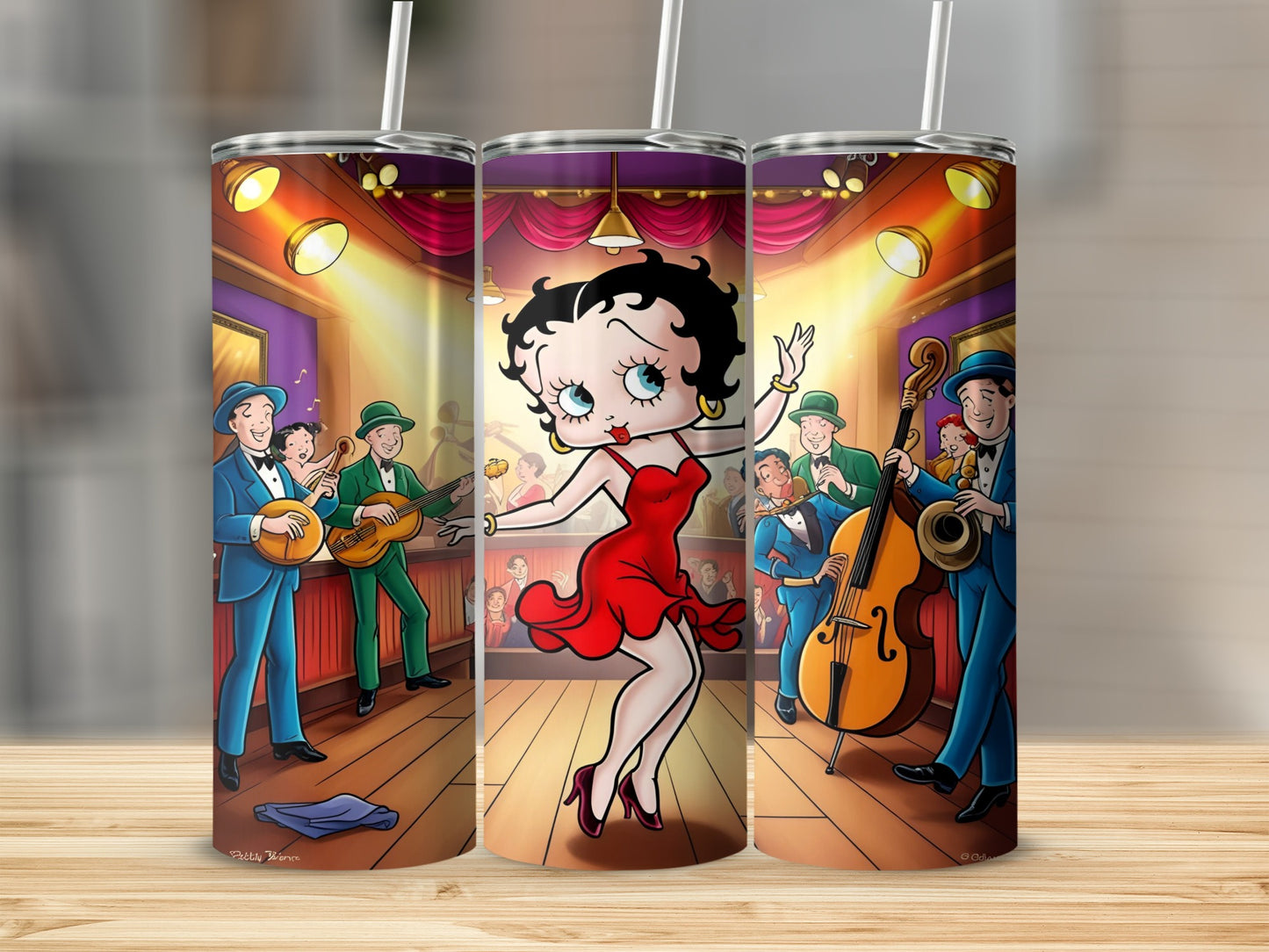 Betty Boop in red dress dancing with band on stage.