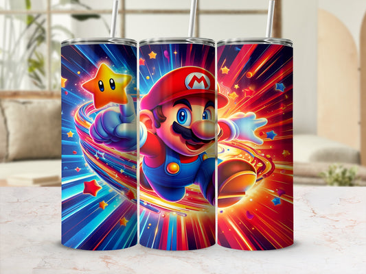 Mario character with a star, bursting with color and stars, on a tumbler.