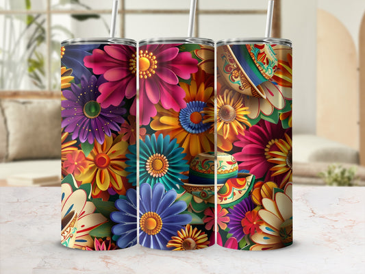 Three tumblers with vibrant floral patterns and small sombrero details.