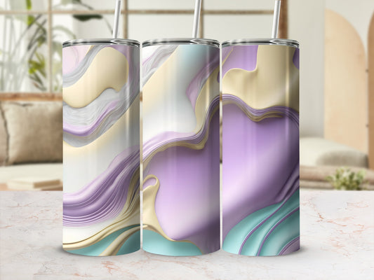 Three tumblers with swirled pastel purple, gold, and teal marbled design.