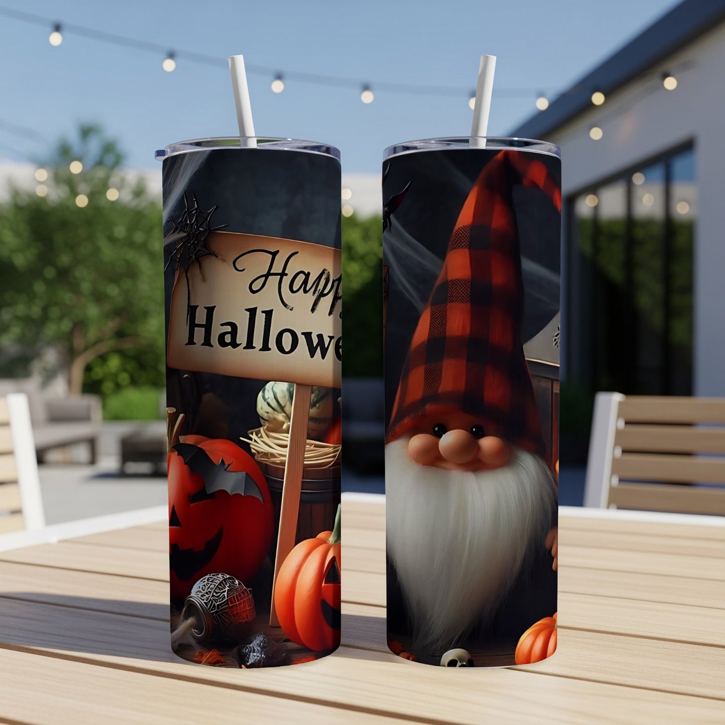 Two tumblers featuring Halloween designs, one with "Happy Halloween" text and pumpkins, the other a gnome.
