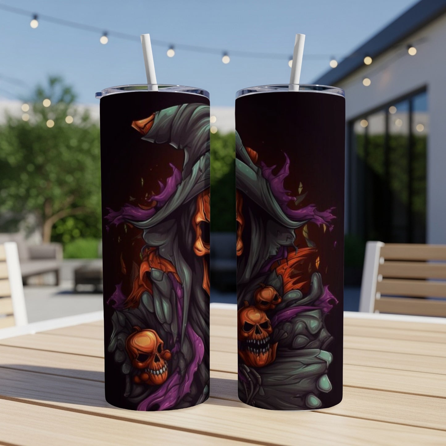 Two tumblers featuring a scary witch illustration with pumpkins and skulls.