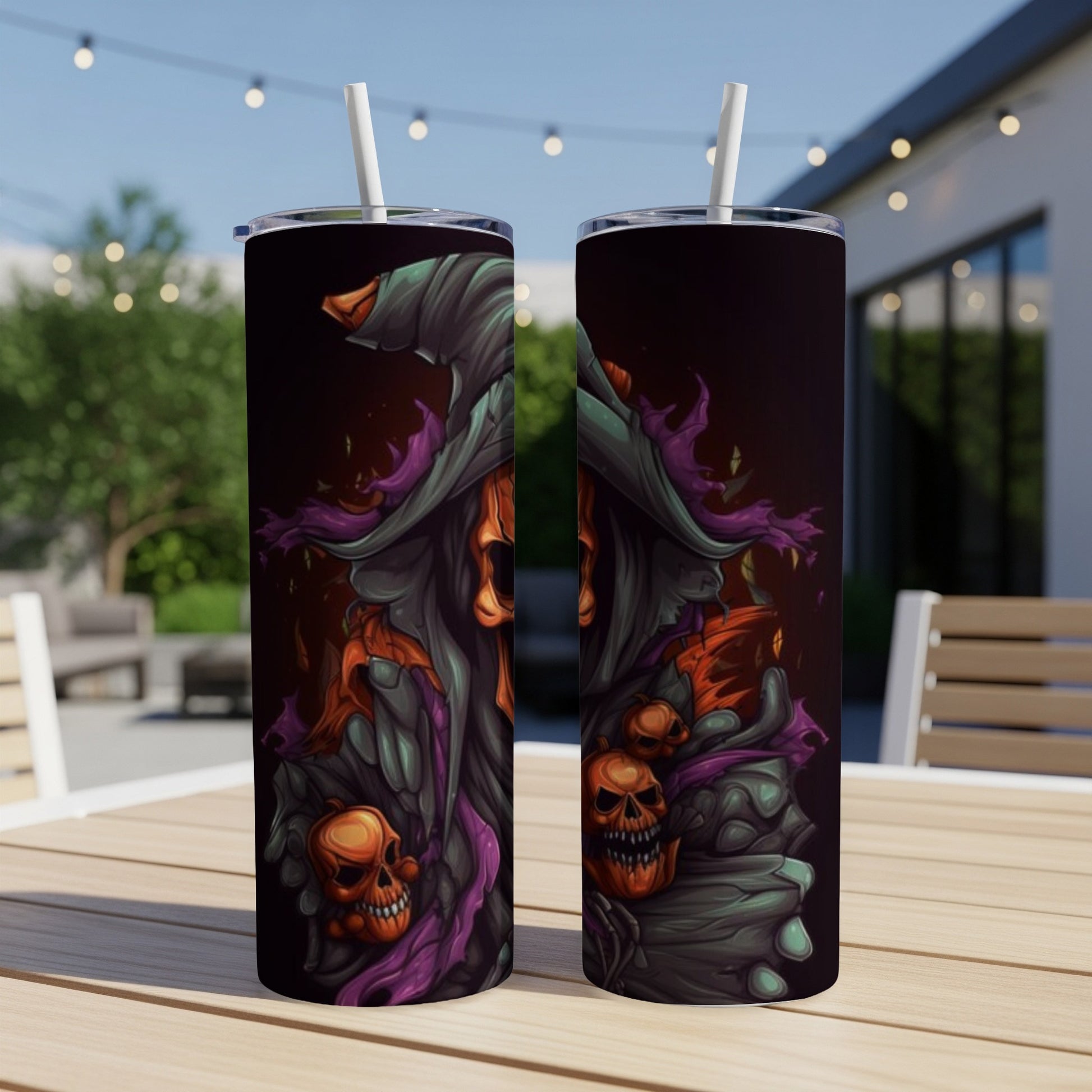 Two tumblers featuring a scary witch illustration with pumpkins and skulls.