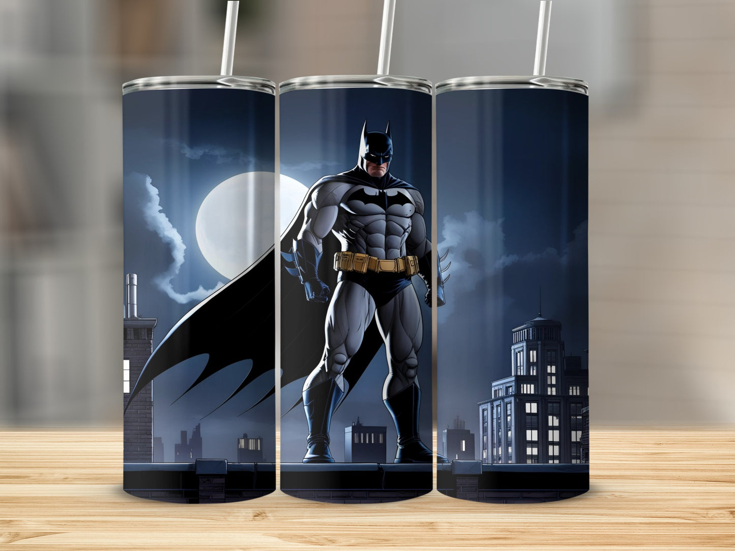 Batman standing on a rooftop in front of a full moon.