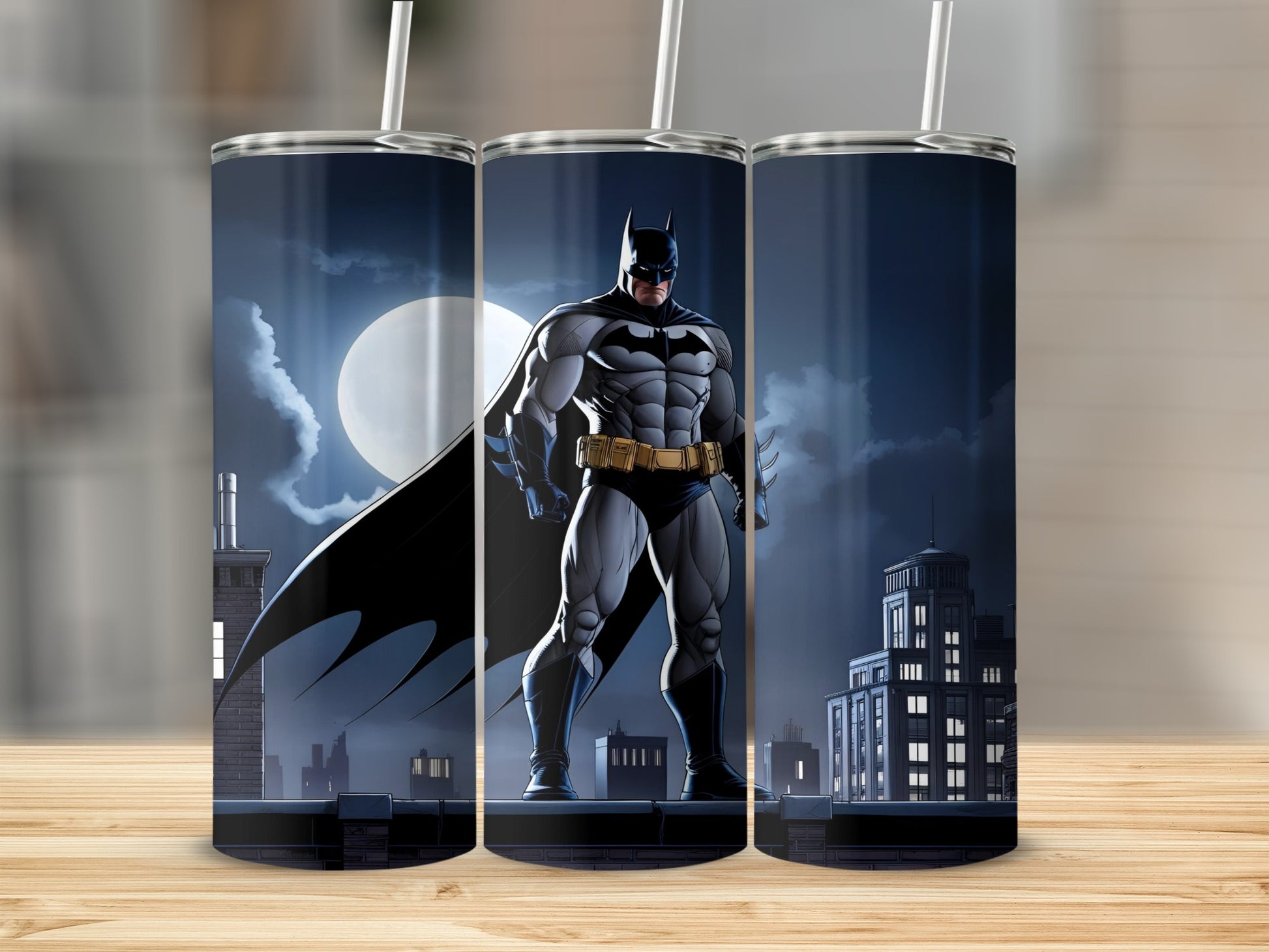 Batman standing on a rooftop in front of a full moon.