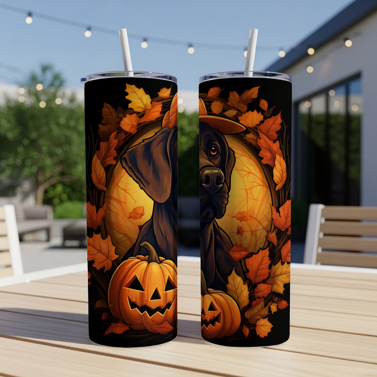 Two tumblers with a Great Dane wearing a witch hat surrounded by autumn leaves and pumpkins.