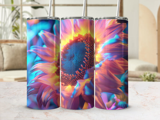 Three tumblers with a vibrant, psychedelic sunflower design.