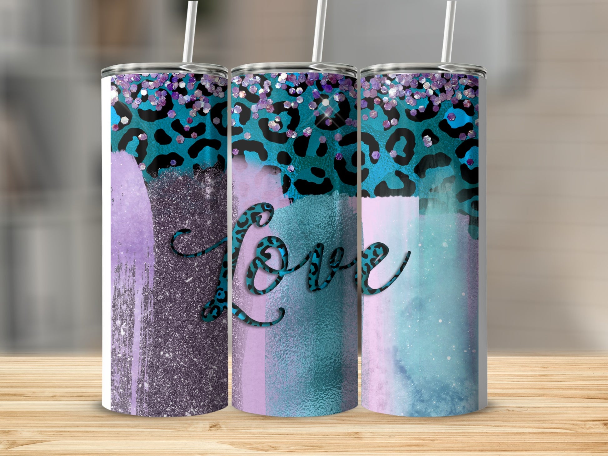 Colorful Leopard Love Design Tumbler with Straw