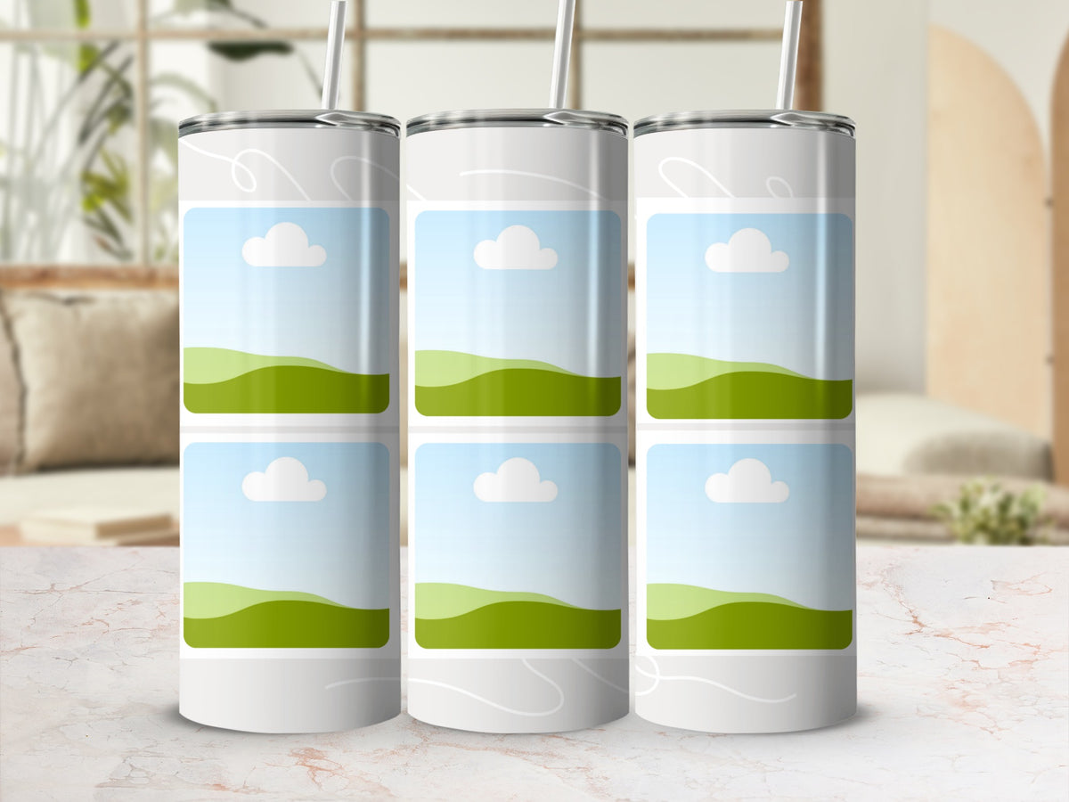Three white tumblers with illustrated landscape placeholders stand on a marble surface.