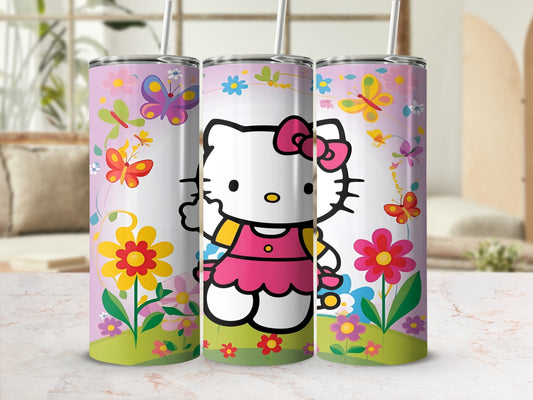 Hello Kitty with butterflies and flowers on a pink tumbler.
