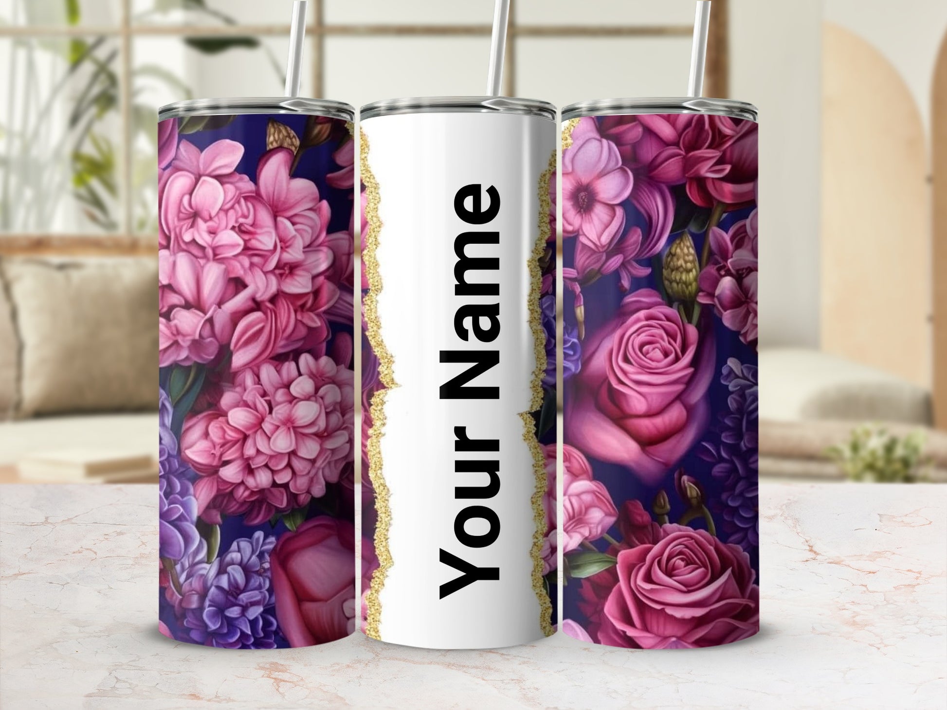 Personalized Floral Design Custom Tumbler with Name