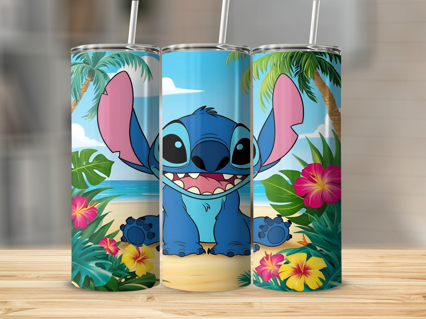 Stitch smiling on a tropical beach with palm trees and flowers.
