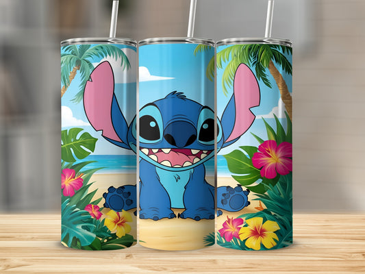 Stitch smiling on a tropical beach with palm trees and flowers.