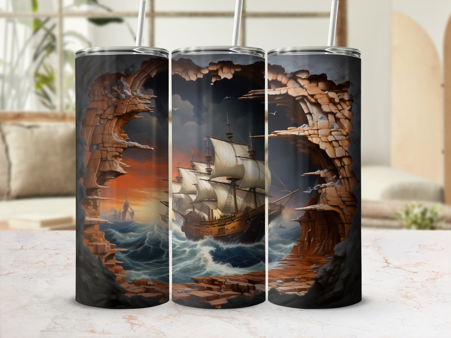 Tall tumbler featuring a sailing ship navigating stormy seas through a rocky arch.