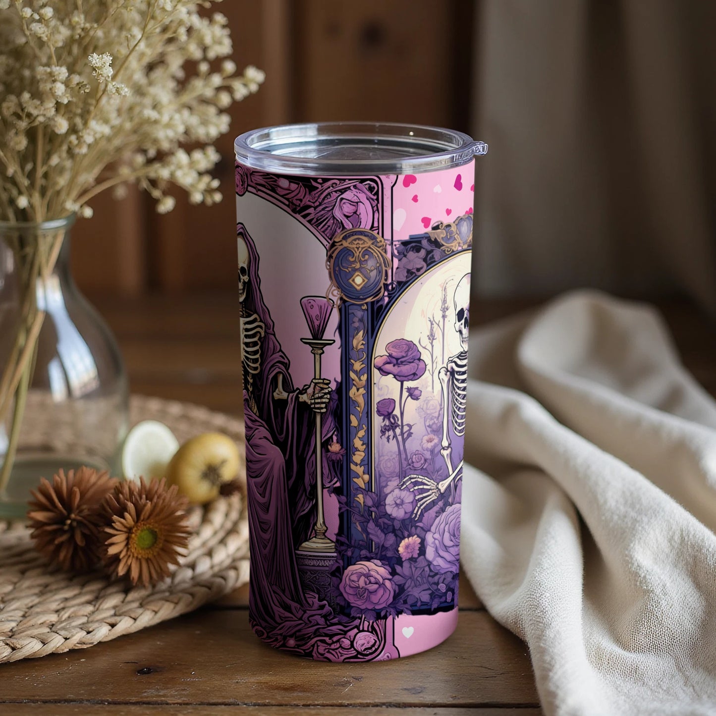 Skeleton Artwork Tumbler with Pink Purple Hearts