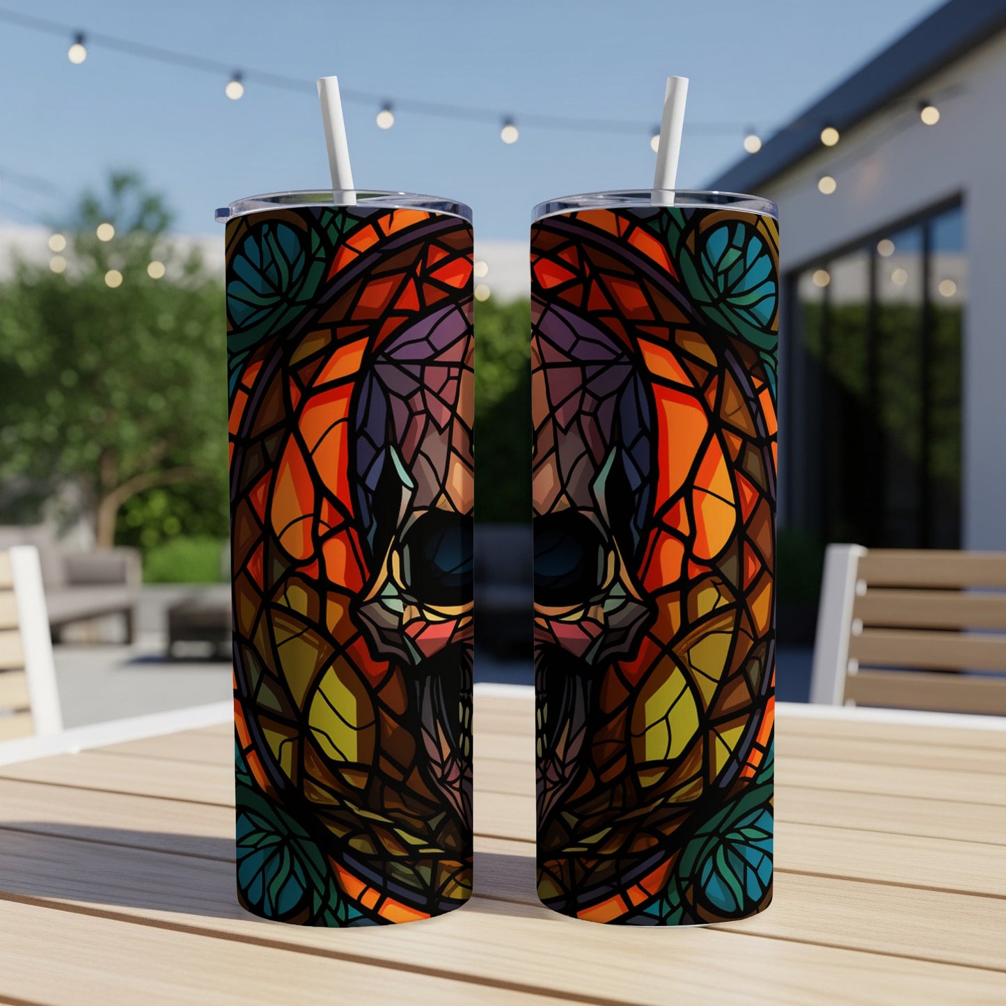 Two tumblers featuring a colorful stained-glass skull design.
