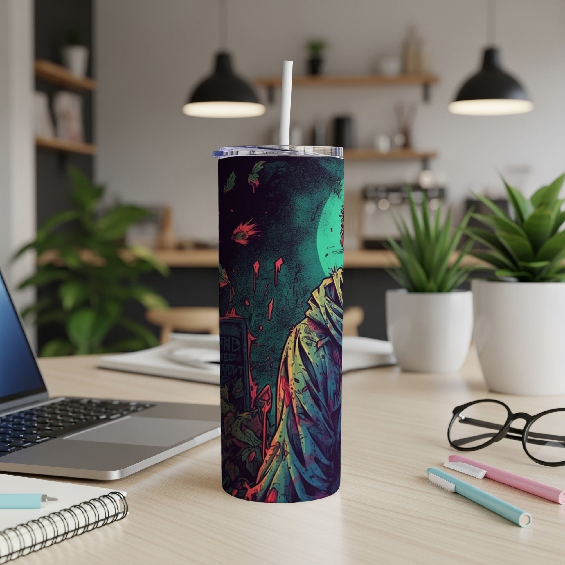 Tumbler with dark, stylized illustration of a hooded figure and dripping blood.