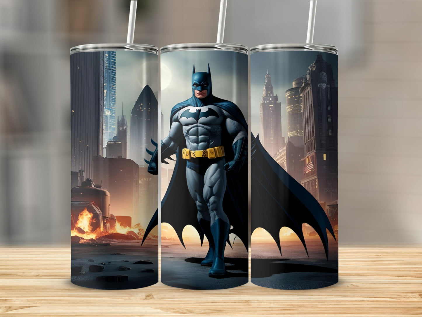 Batman standing on city street with buildings and fire in the background.