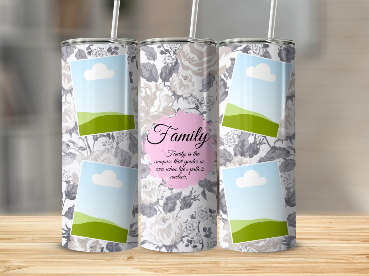 Tumblers with floral pattern, photo frames, and quote "Family is the compass".