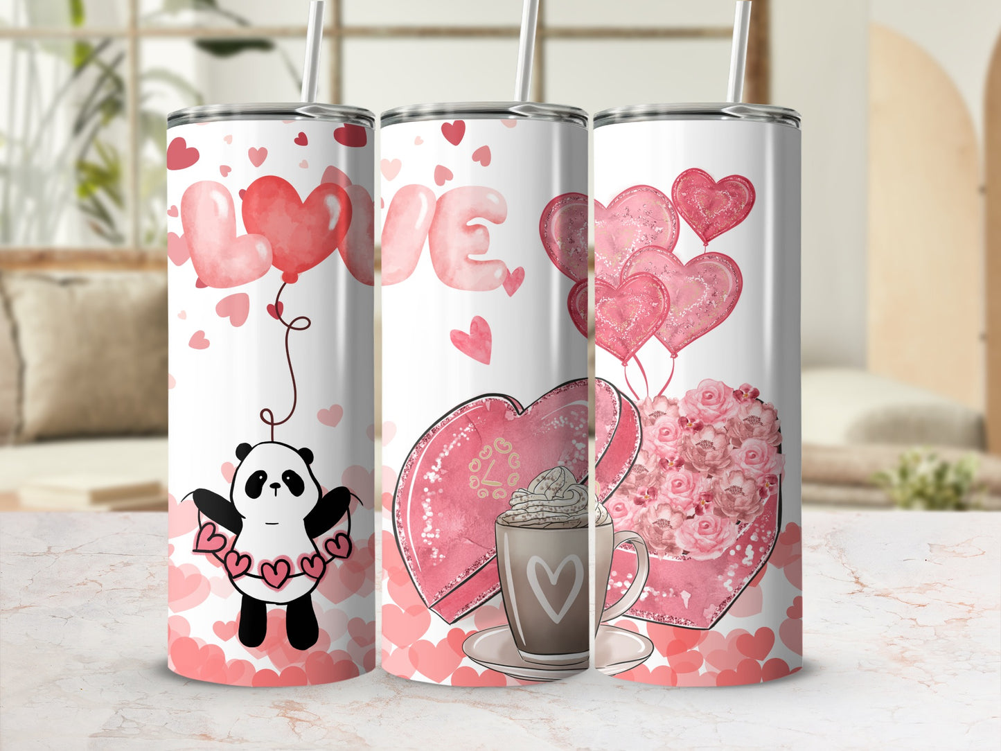 Cute Love-Themed Panda and Hearts Tumbler Design