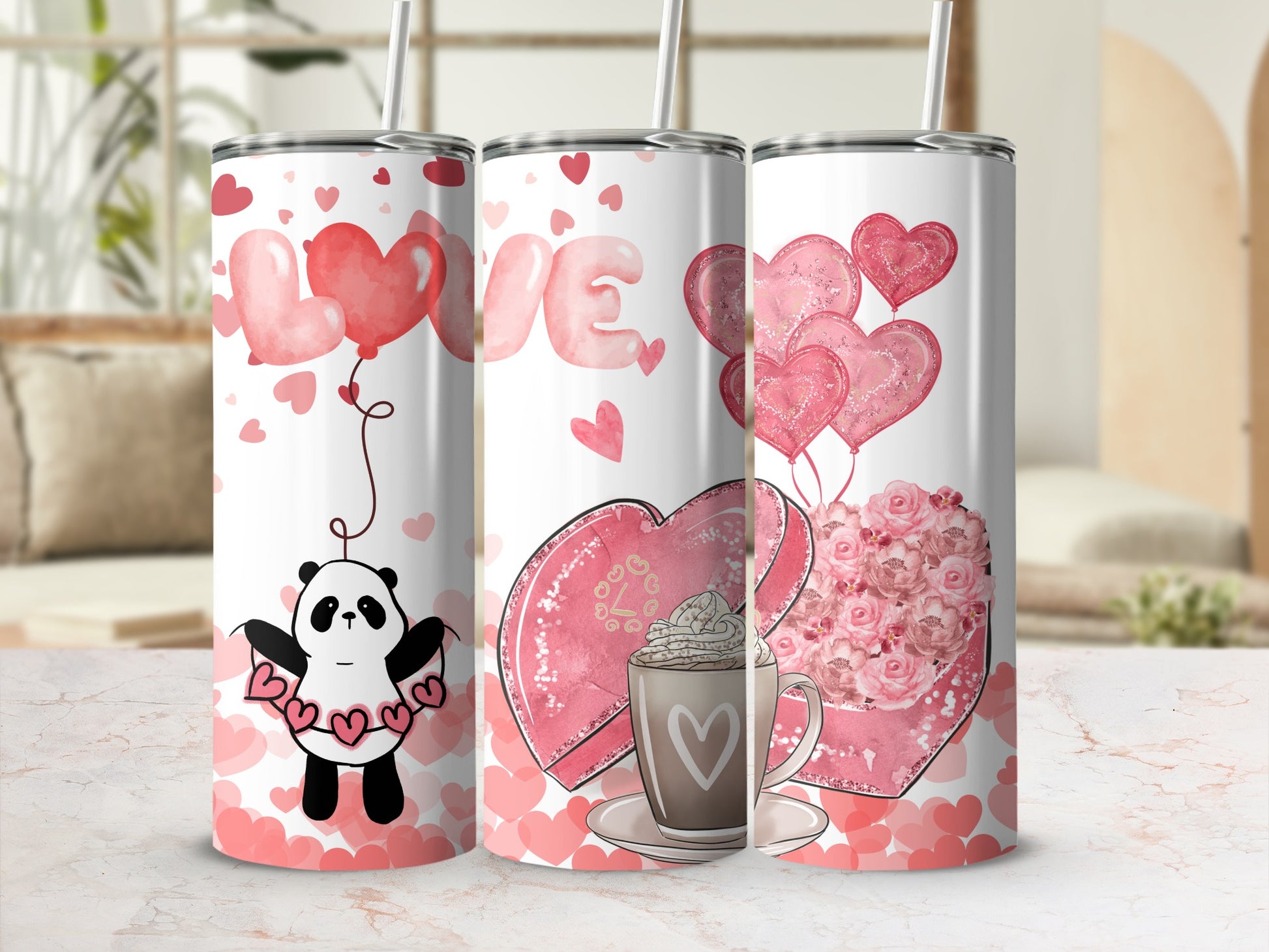 Cute Love-Themed Panda and Hearts Tumbler Design
