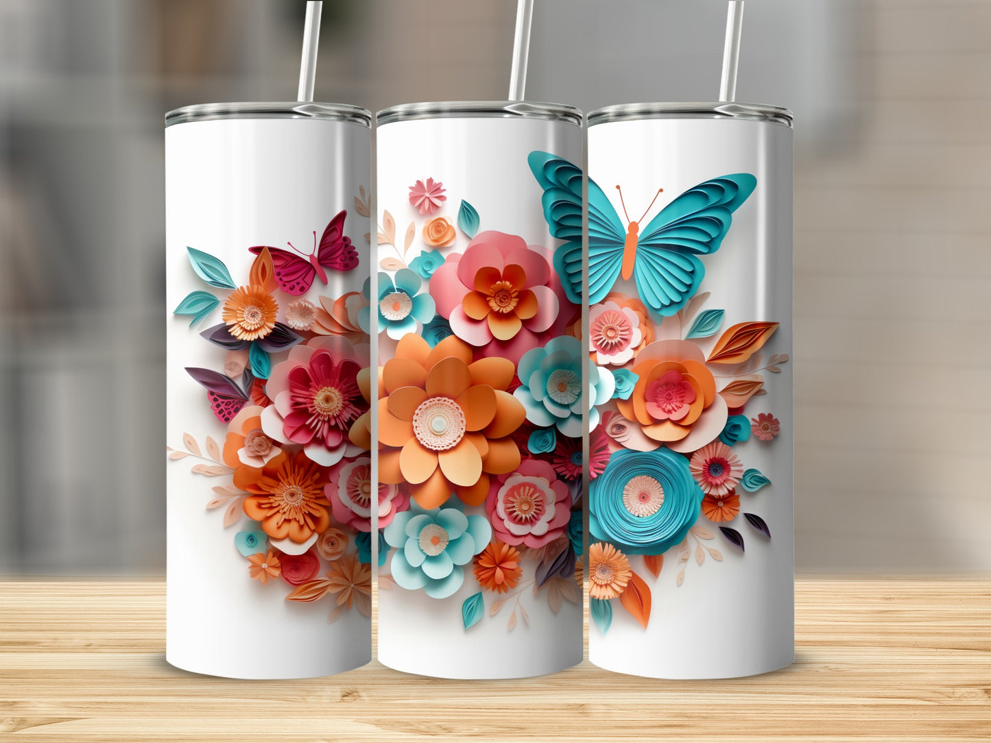 Colorful Floral and Butterfly Insulated Tumbler Product