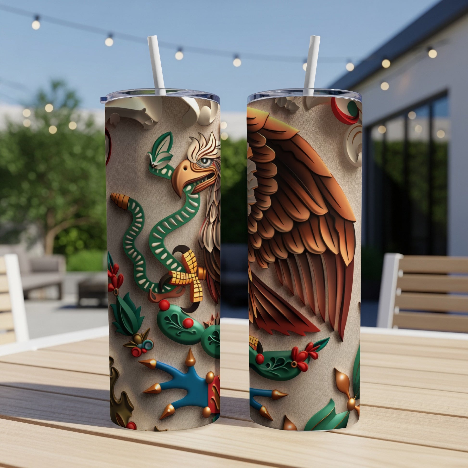 Eagle with snake on patterned tumbler with Mexican flag motif.