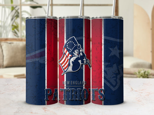New England Patriots tumbler with distressed vintage logo and text