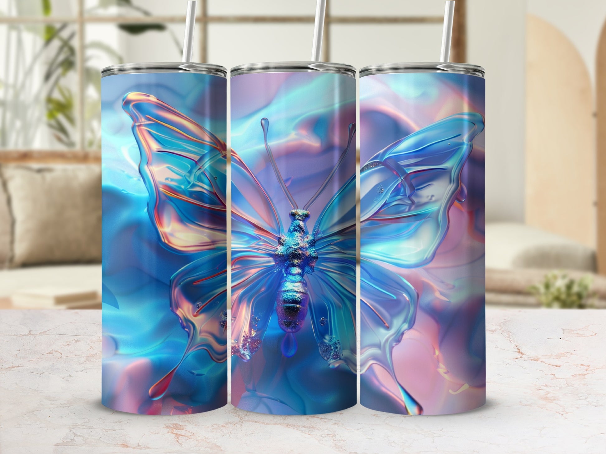 Three tumblers with a colorful, iridescent butterfly design.