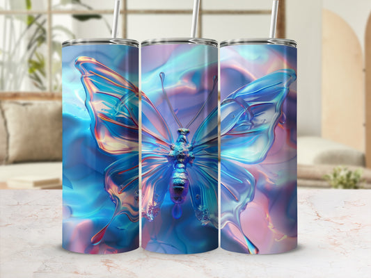 Three tumblers with a colorful, iridescent butterfly design.