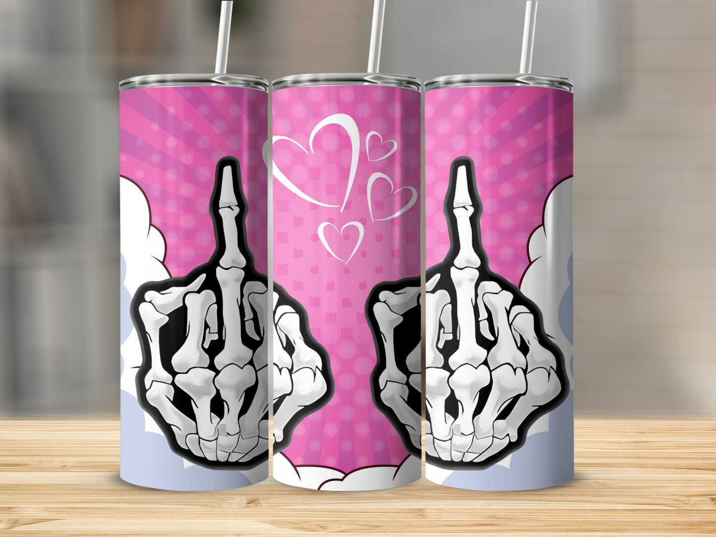 Middle Finger Skeleton with Hearts Design Tumbler