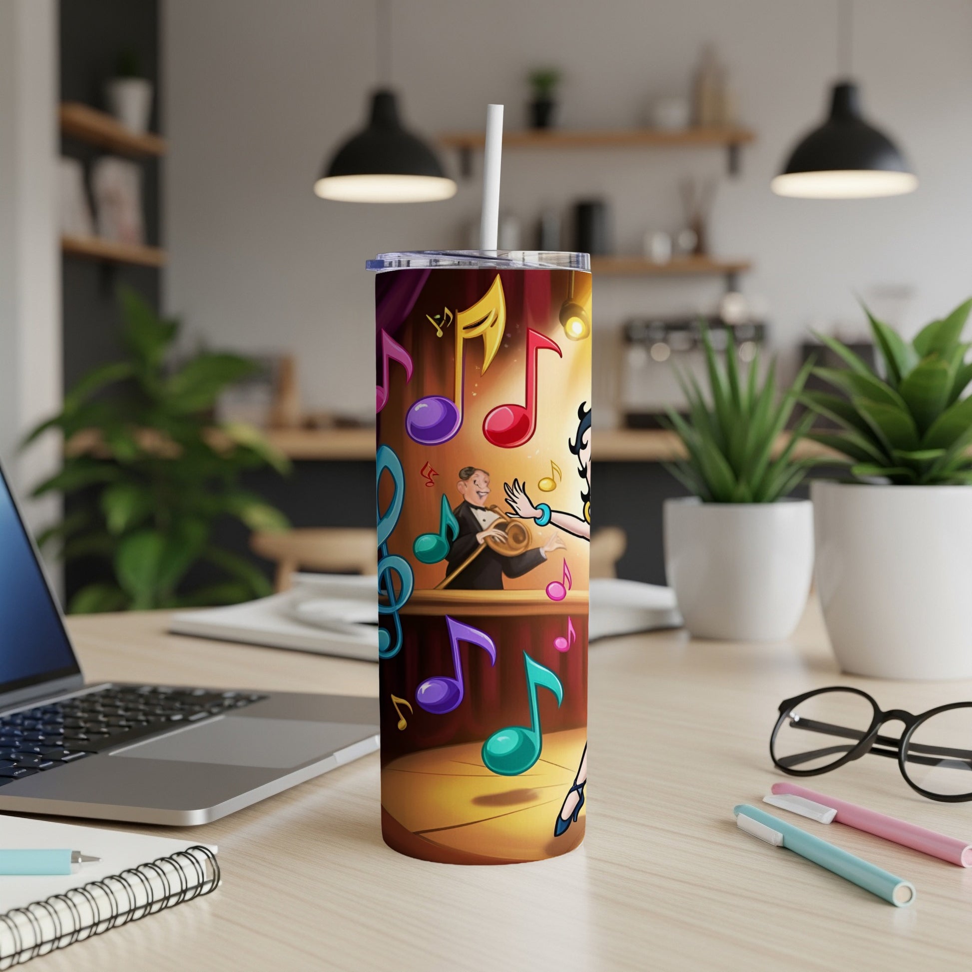 Tumbler featuring Betty Boop singing on stage with musical notes.