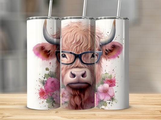 Highland cow wearing glasses with flowers.