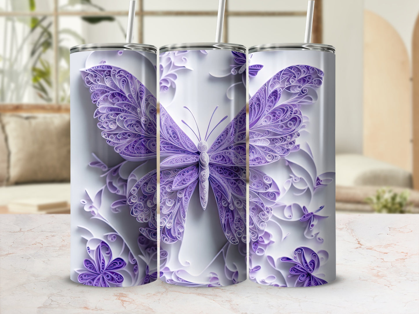 Purple Quilled Butterfly Floral Swirls Tumbler product type