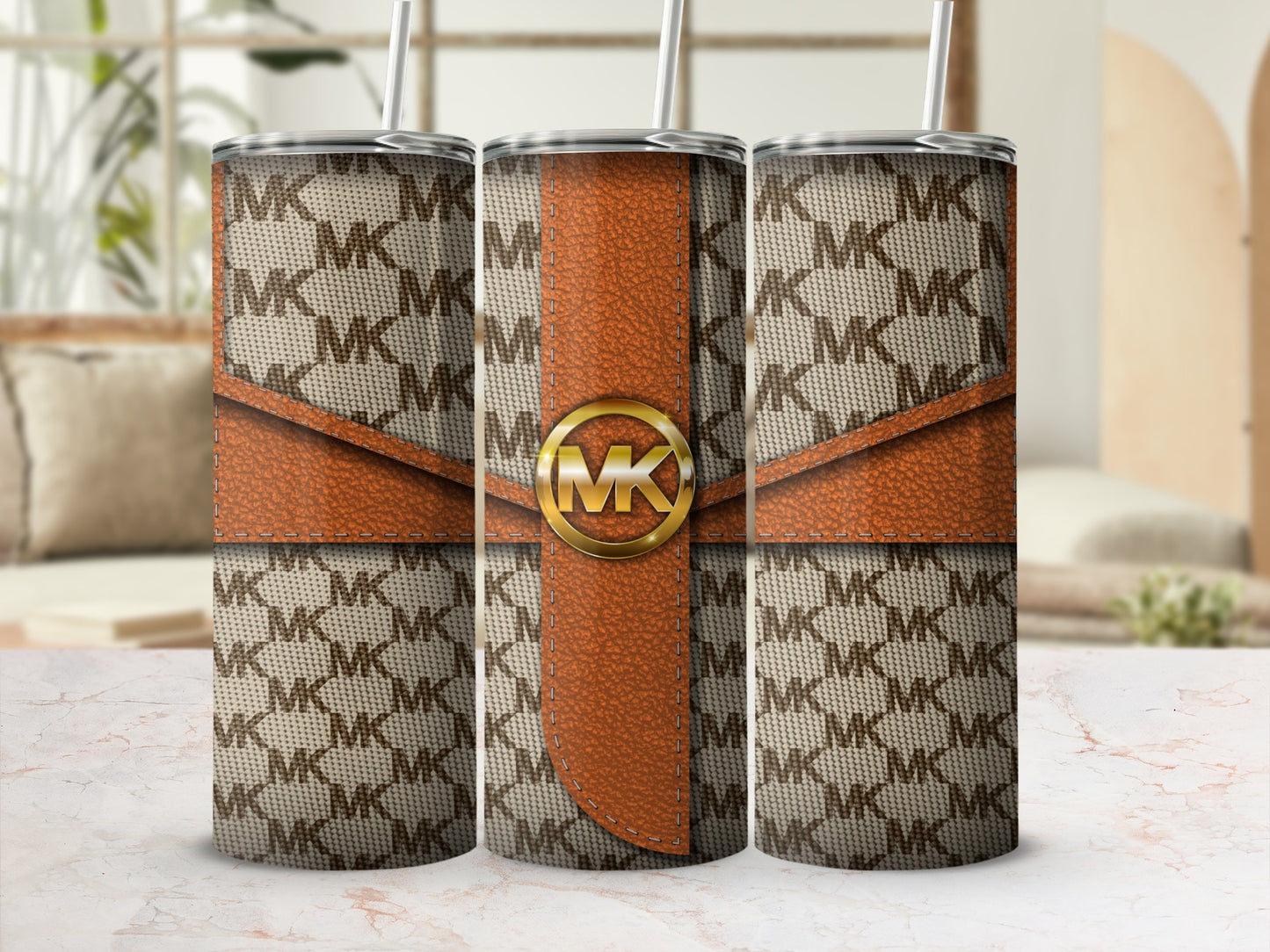 Stylish MK Pattern with Leather Accent Tumbler