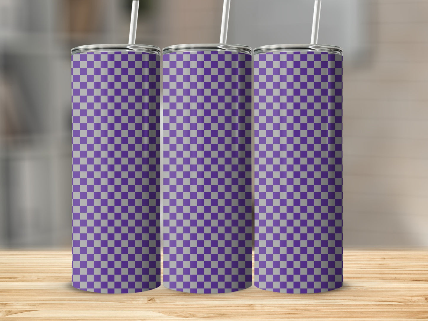 Three tall tumblers with a purple and gray checkerboard pattern.