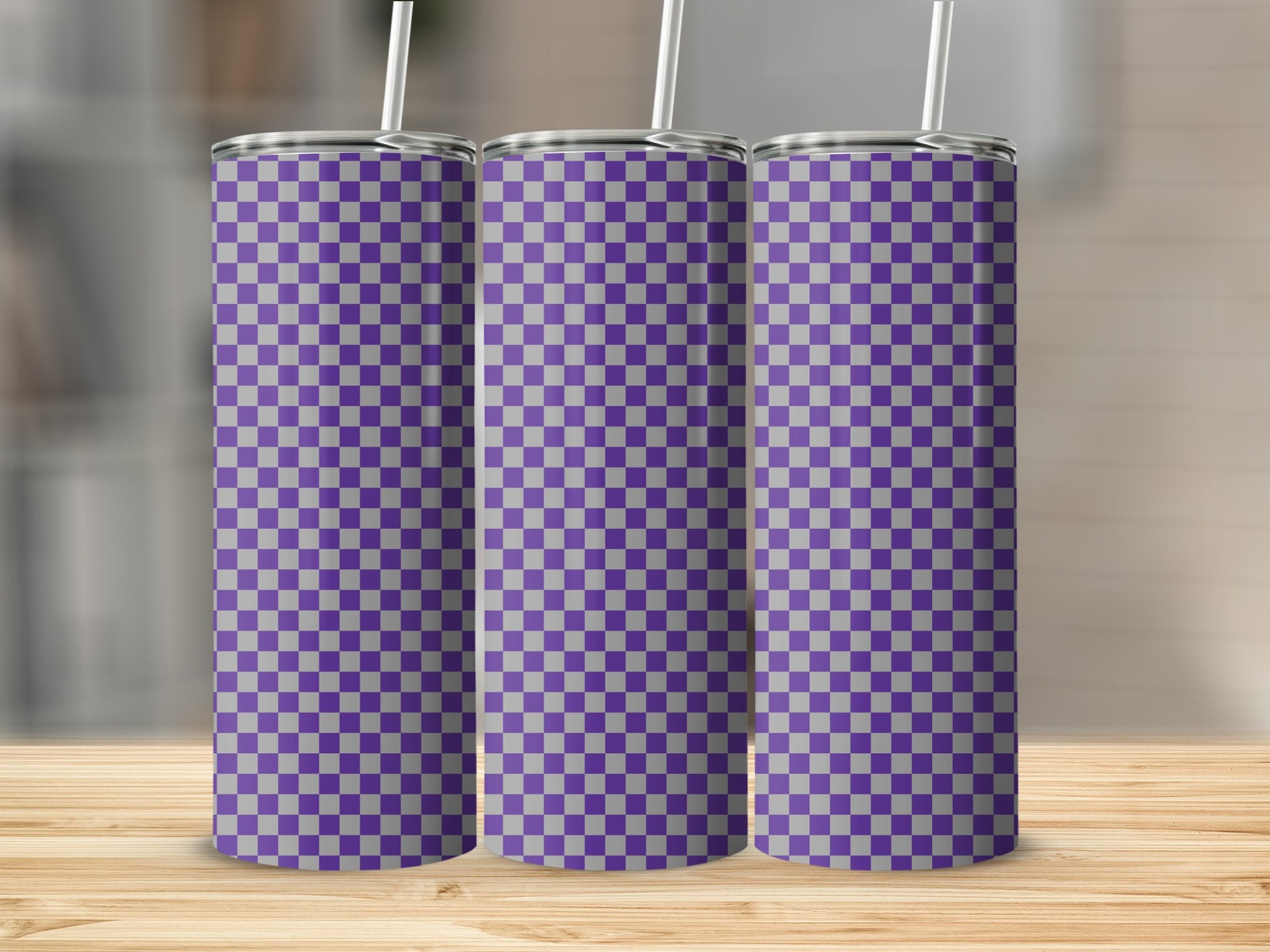 Three tall tumblers with a purple and gray checkerboard pattern.
