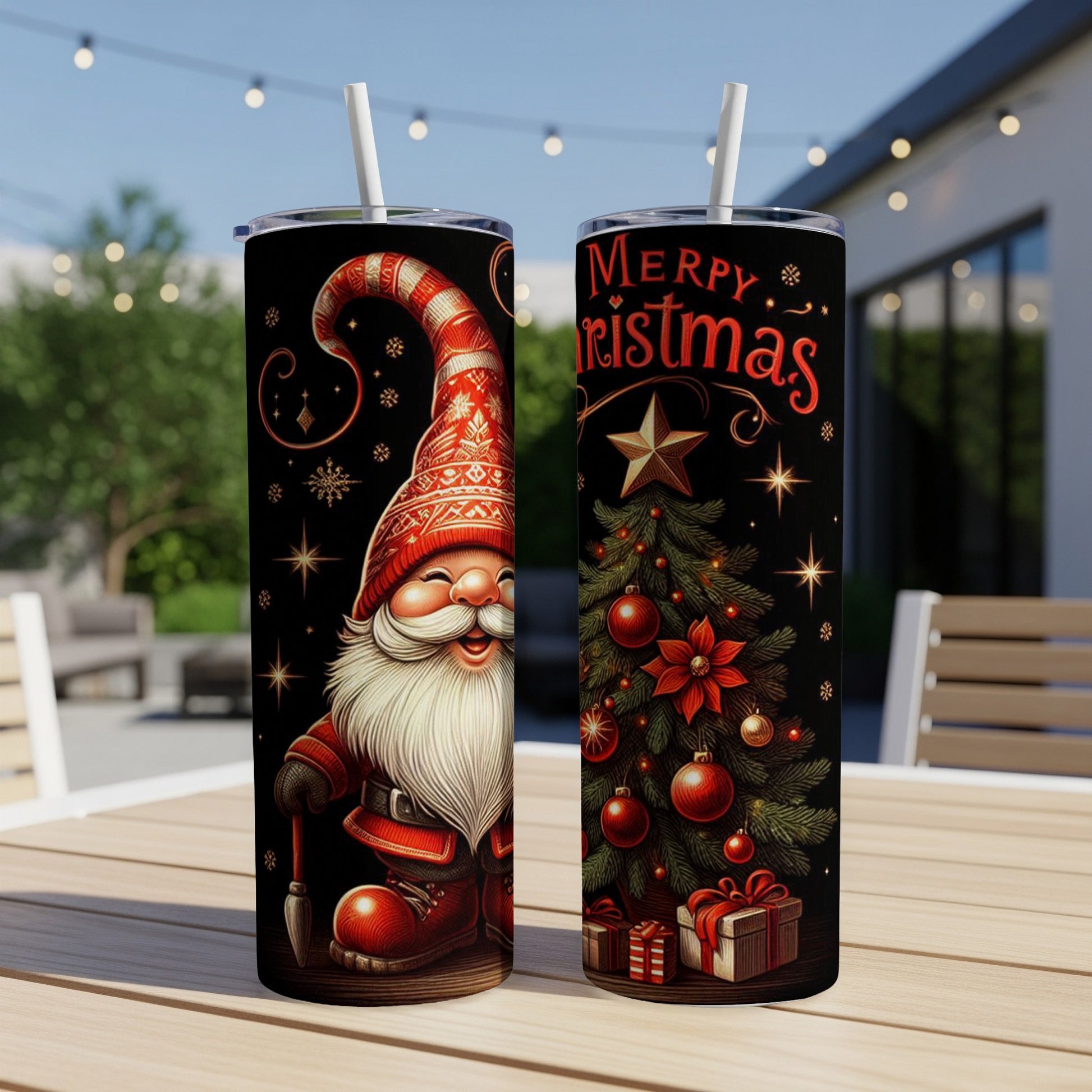 Christmas gnome and tree designs on two tumblers.