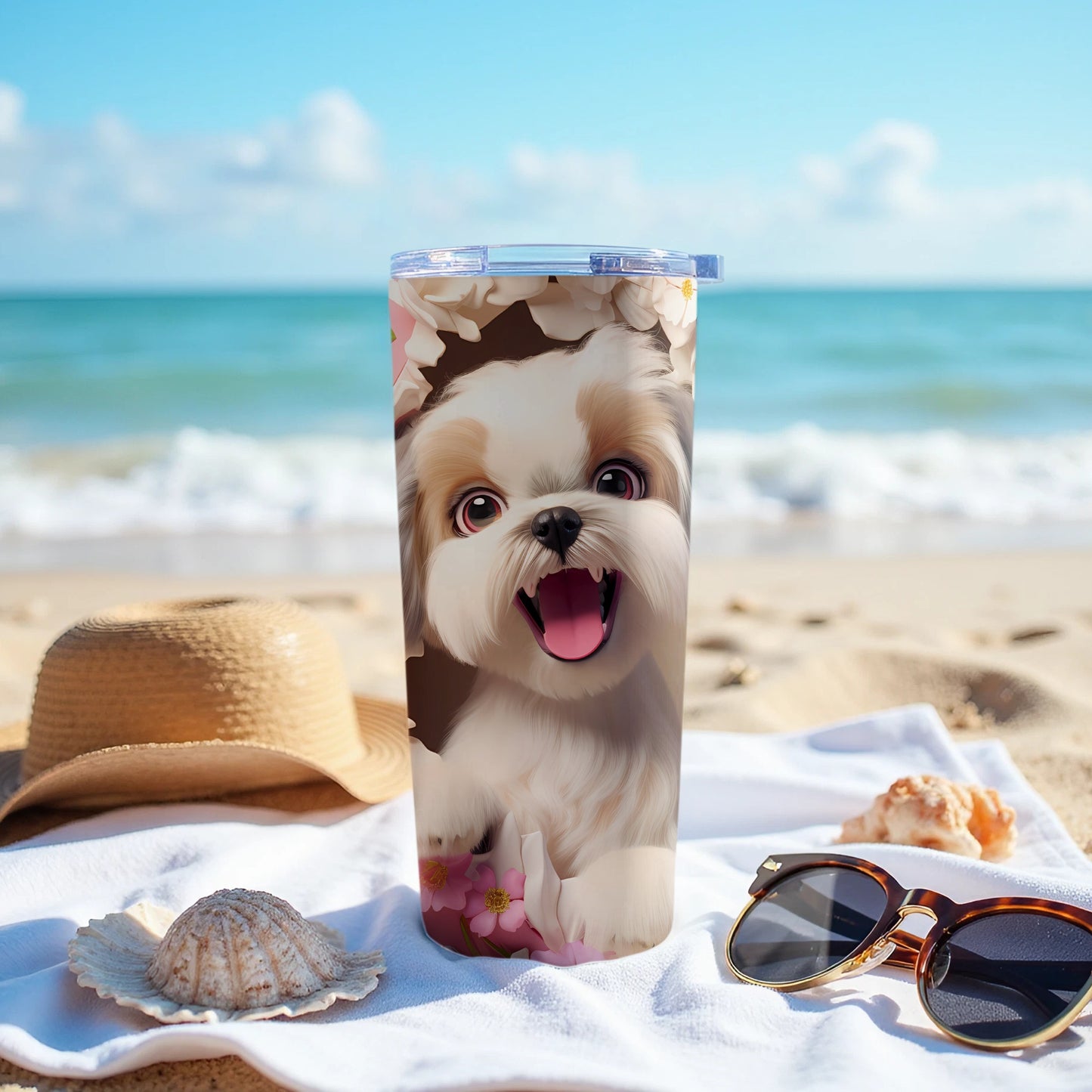 Happy Shih Tzu Dog Design Beach Tumbler product type
Shih Tzu
Dog tumbler
Puppy design
Cute dog
Happy dog
Floral design
Flower tumbler
Beach theme
Summer drinkware
Pet lover gift
Dog mom gift
Travel mug
Insulated tumbler
Beverage holder
Animal print
Adorable pup
Vacation accessory
Sunny beach
Water bottle
Drink cup