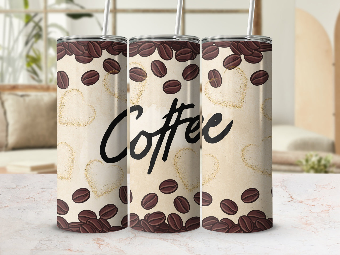 Coffee Design Insulated Tumbler Cup with Coffee Beans