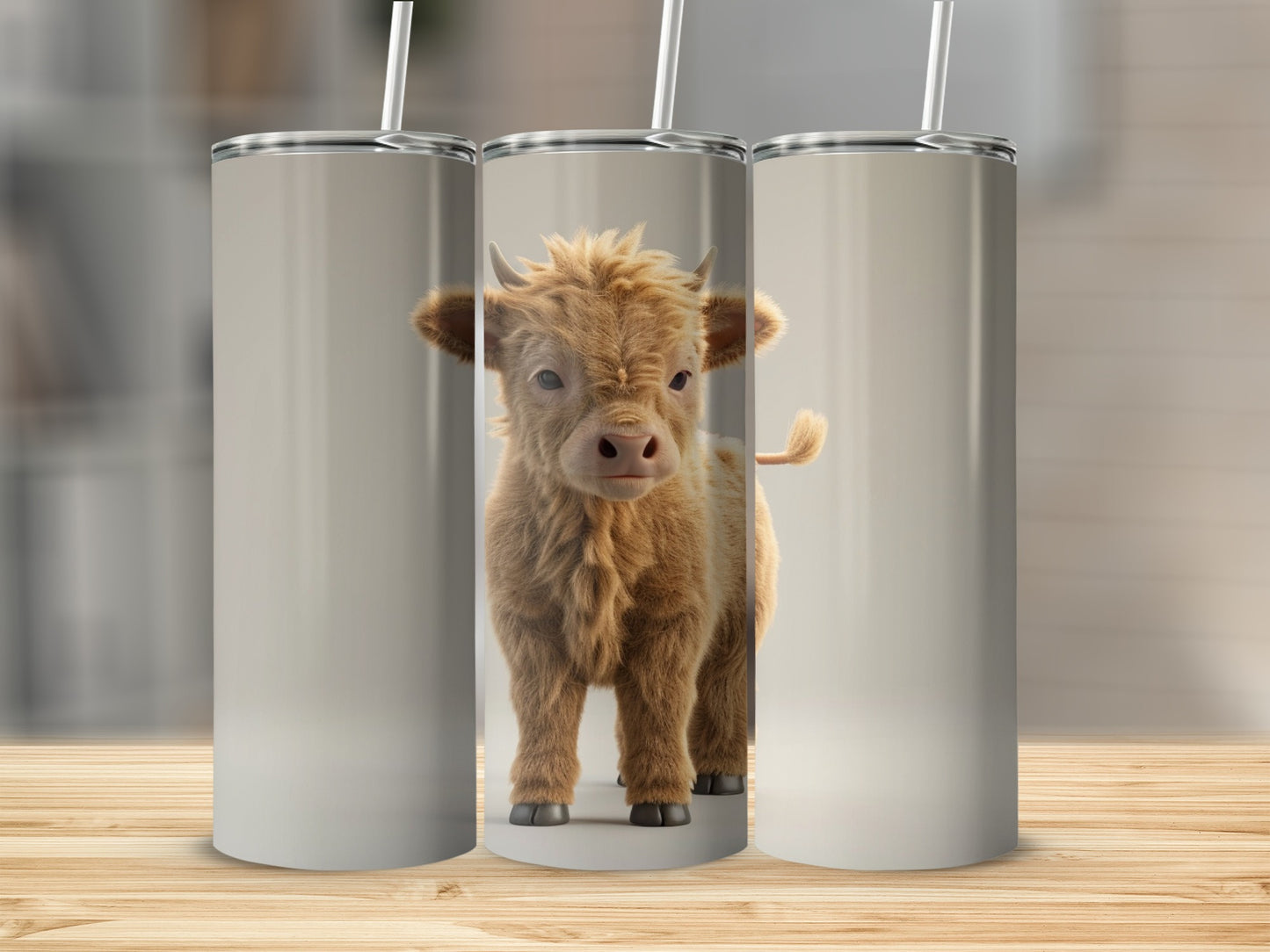 Fluffy Highland cow standing centered on a tumbler.