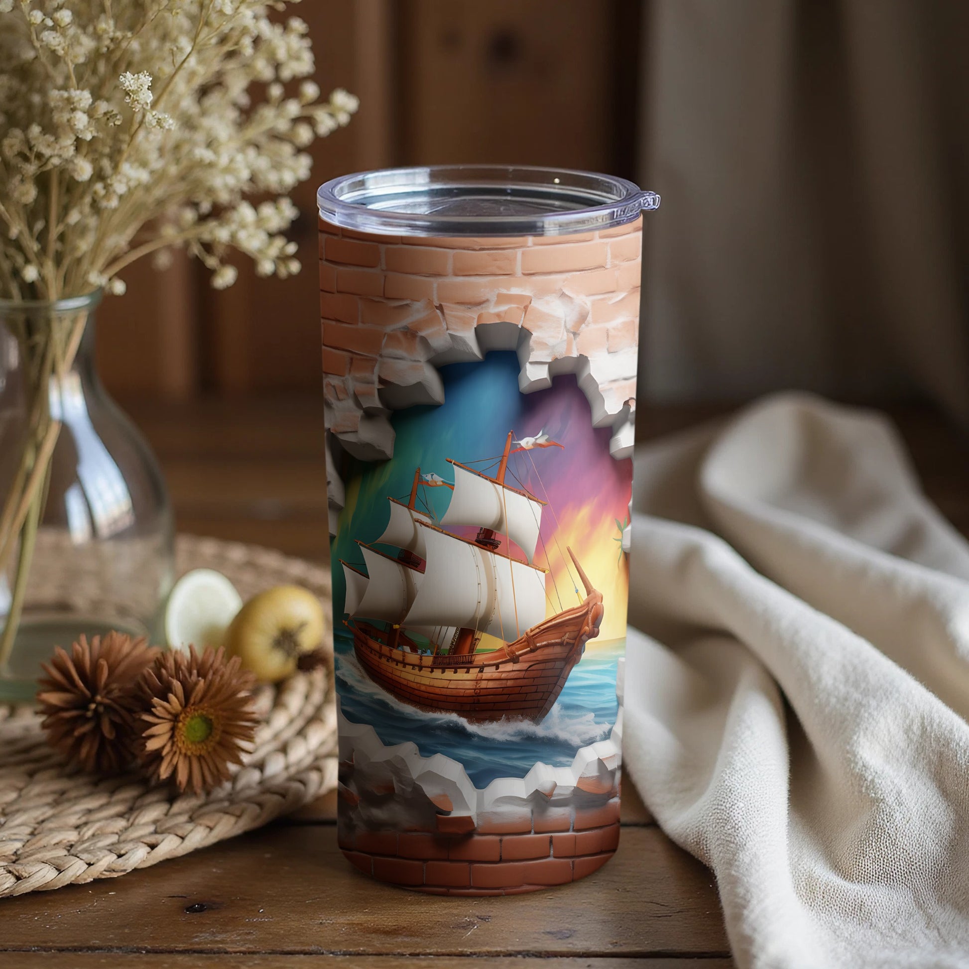 Pirate Ship Sunset Graphic White Tumbler Design